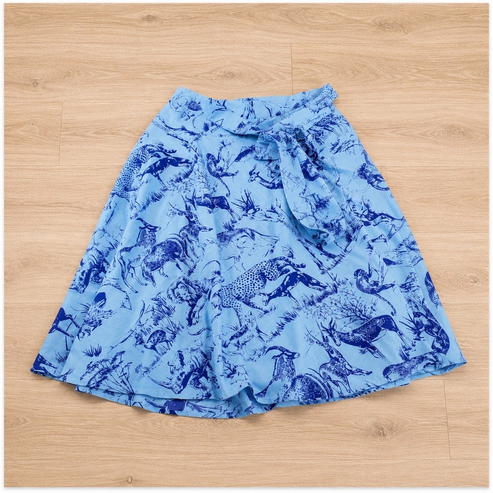 Wrap Skirt Flowy Adjustable Plus Size Blue Midi Skirt Animal Safari Print